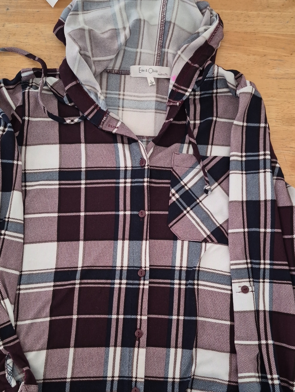 Eden & Olivia Burgundy and Cream Plaid Hooded Button-Down Shirt